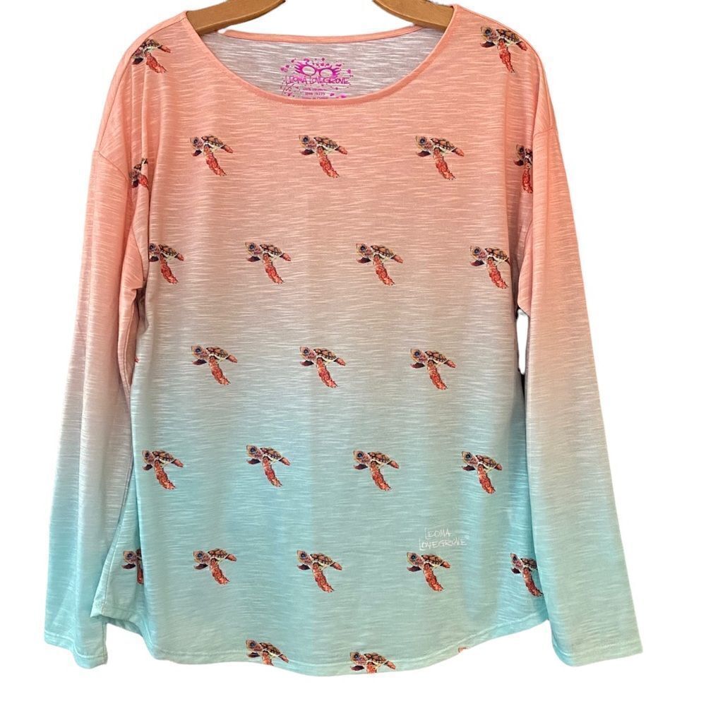 Leoma Lovegrove Sz M Orange Green Swimming Turtle Design Long Sleeve T-Shirt